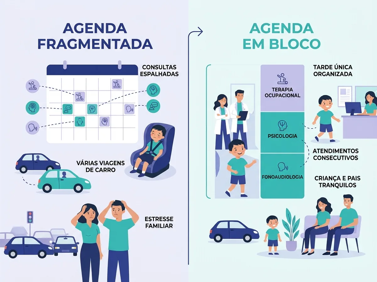 Diagrama comparando agendamento fragmentado em vários dias versus bloco contínuo de terapias no mesmo turno.
