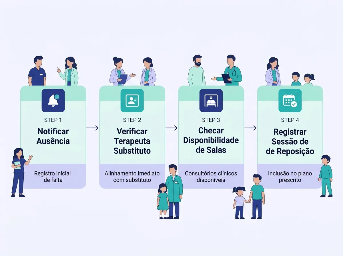 Fluxograma com etapas para gerenciar faltas, substituição de terapeutas e reposição de sessões.