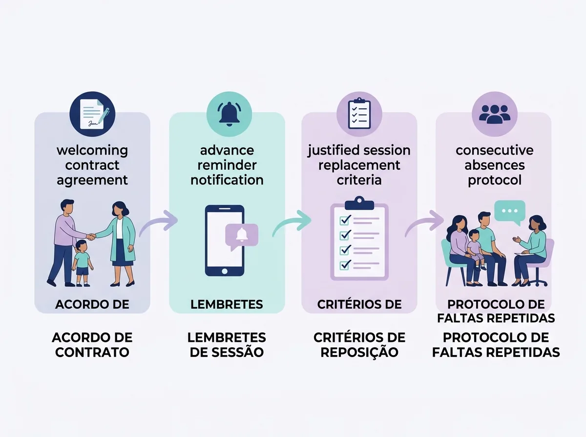 Fluxograma do ciclo de faltas: contrato, lembrete antecipado, reposição justificada e protocolo para ausências.