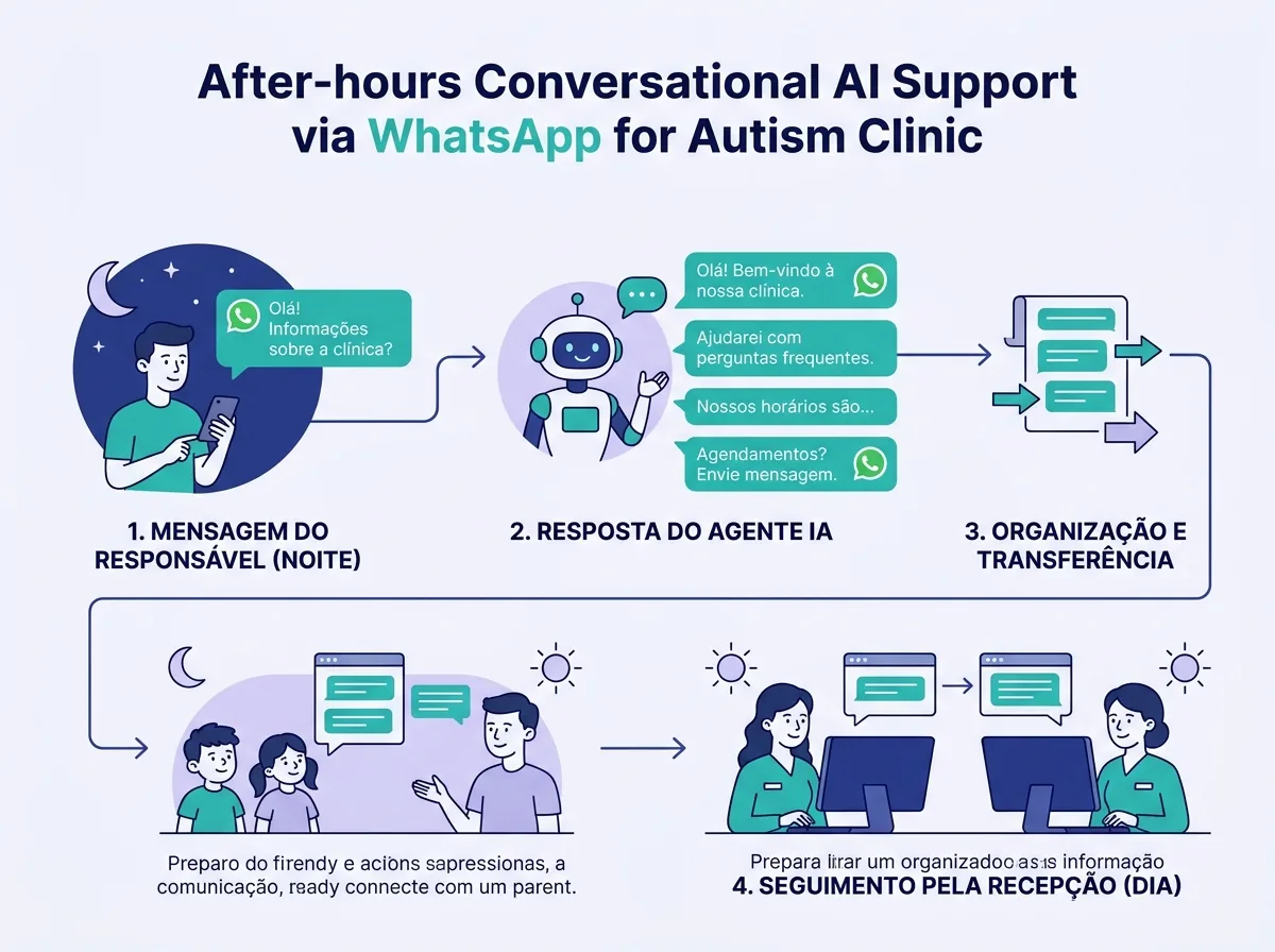 Fluxograma de atendimento via WhatsApp onde IA acolhe responsável por criança com TEA e repassa à recepção.