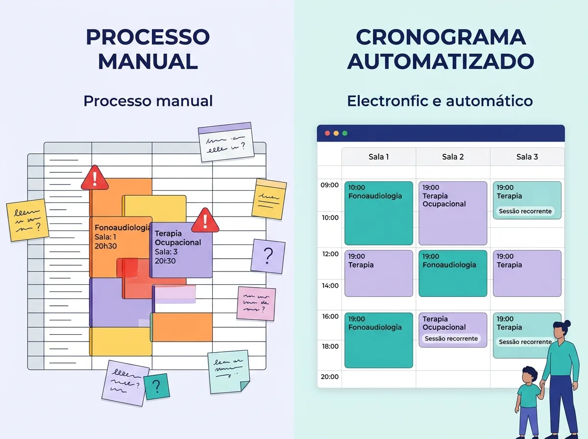 Comparativo entre planilha manual com conflito de horários e agenda digital organizada por salas e cores.
