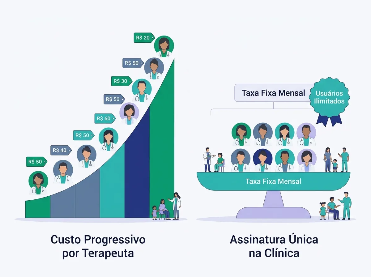 Diagrama financeiro comparando custo multiplicado por 12 terapeutas versus mensalidade fixa por clínica.