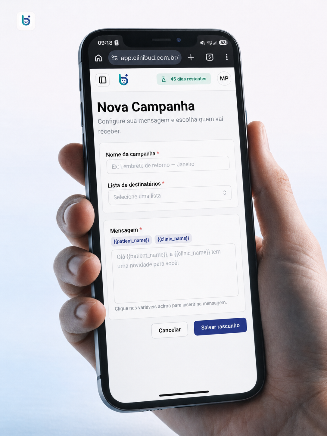 Clinibud na palma da mão - app no celular